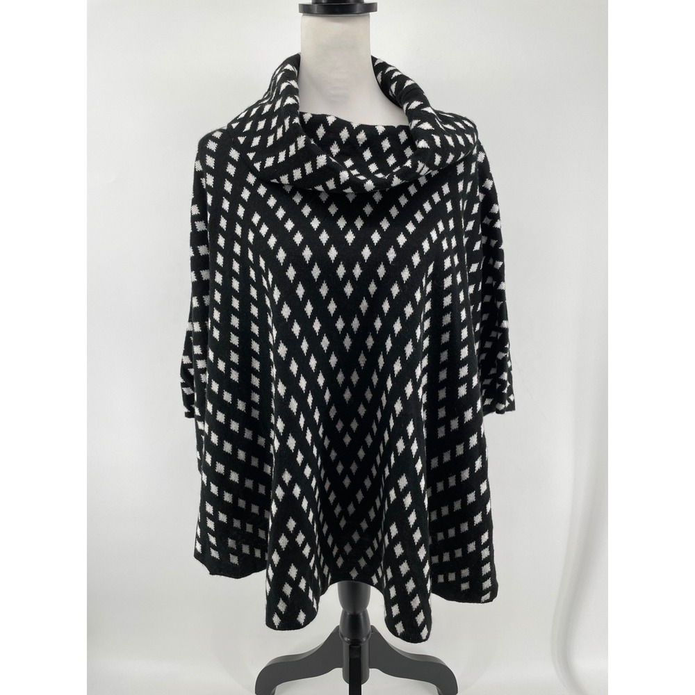 Poncho Sweater Womens L/XL Black White Mod Monochrome Argyle Knit Cowl Neck Cape